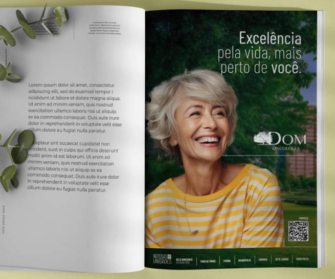 Mockup simulando a aplicação de um anúncio de revista criado pela Agência Ofício para a Dom Oncologia.